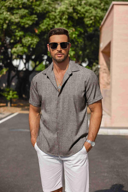 HOTCOOFANDY Men's Linen Shirts Short Sleeve Casual Shirts Button Down Shirt for Men Beach Summer Wedding Shirt