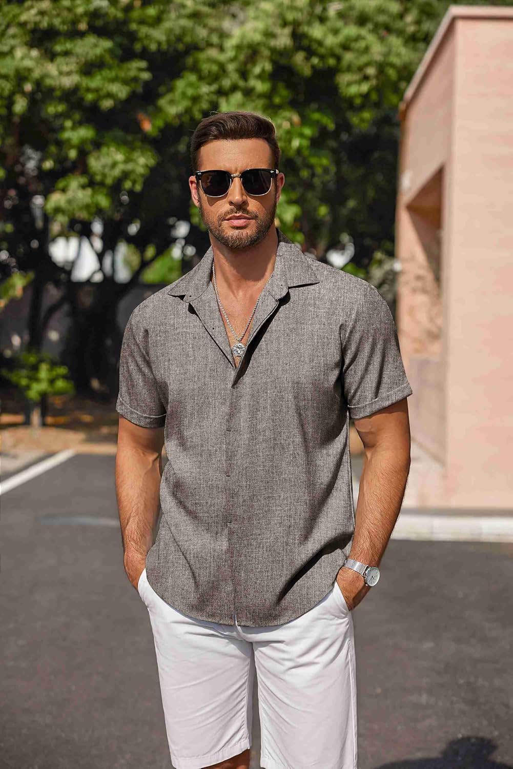 HOTCOOFANDY Men's Linen Shirts Short Sleeve Casual Shirts Button Down Shirt for Men Beach Summer Wedding Shirt