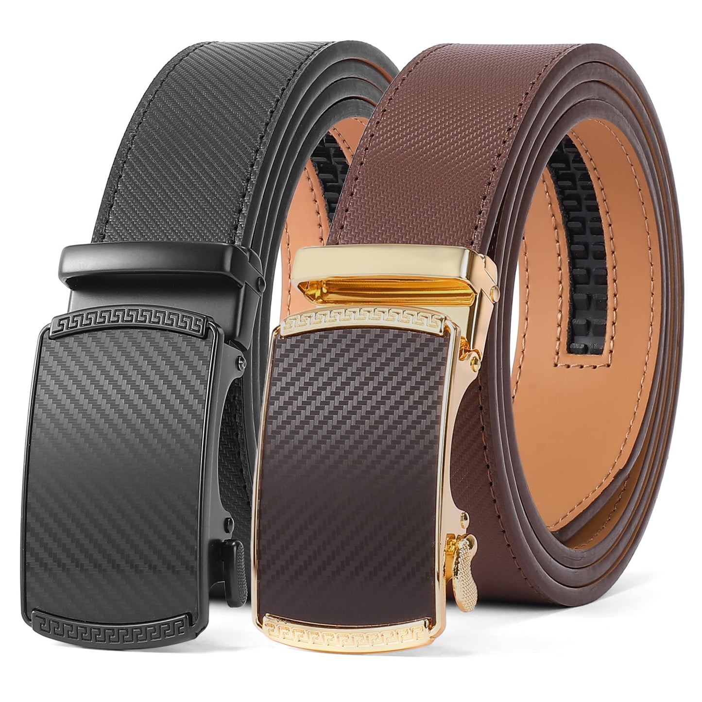 HOTSENDEFN 2 Pack Ratchet Belt Men, Men Leather Belts in Gift Set Box for Dress Casual, Size Adjustable Trim to Fit