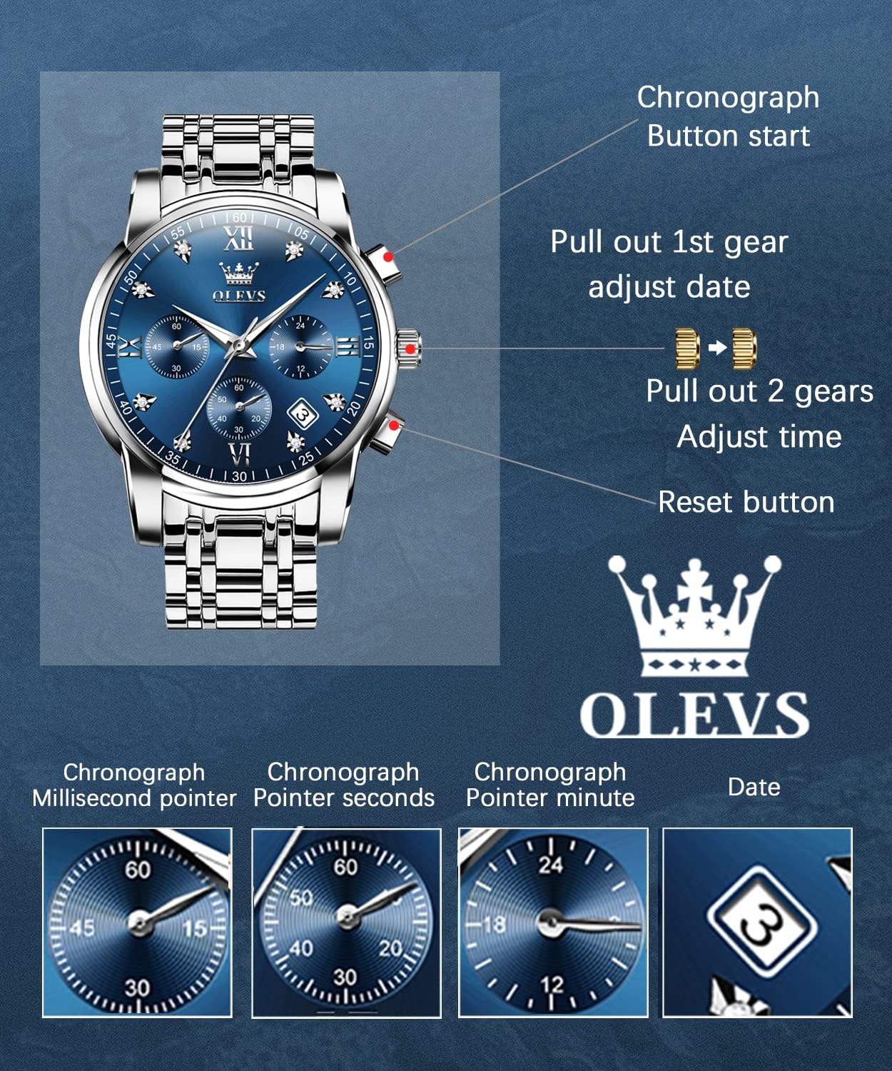 HOTOLEVS Watches for Men with Date Luxury Big Face Waterproof Mens Wristwatch Analog Dress Two Tone Stainless Steel Man Watch Luminous Relojes De Hombre Calendar(Green/Blue/Black Dial