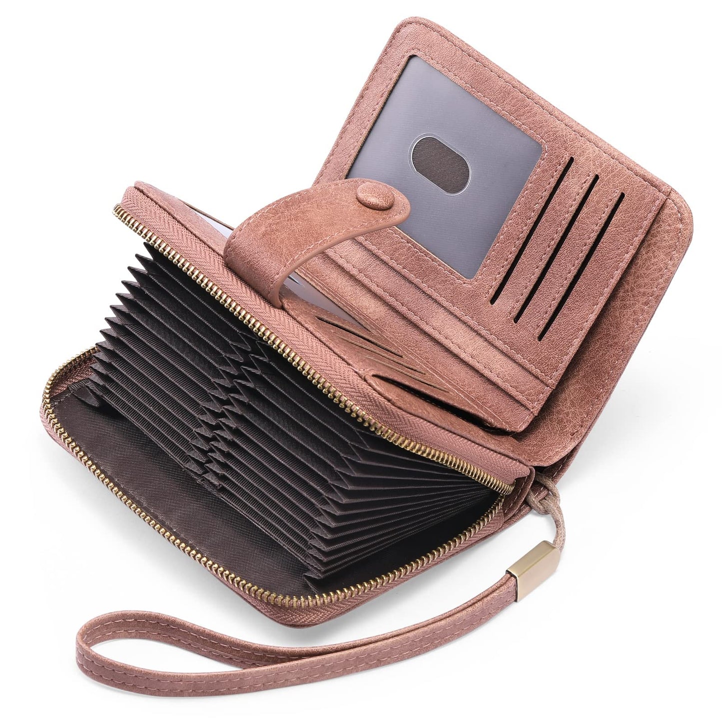 HOTGAEKEAO Leather Credit Card Holder Wallet for Women RFID Blocking Large Capacity Bifold Zipper Card Case Organizer with Wristlet 32 Slots