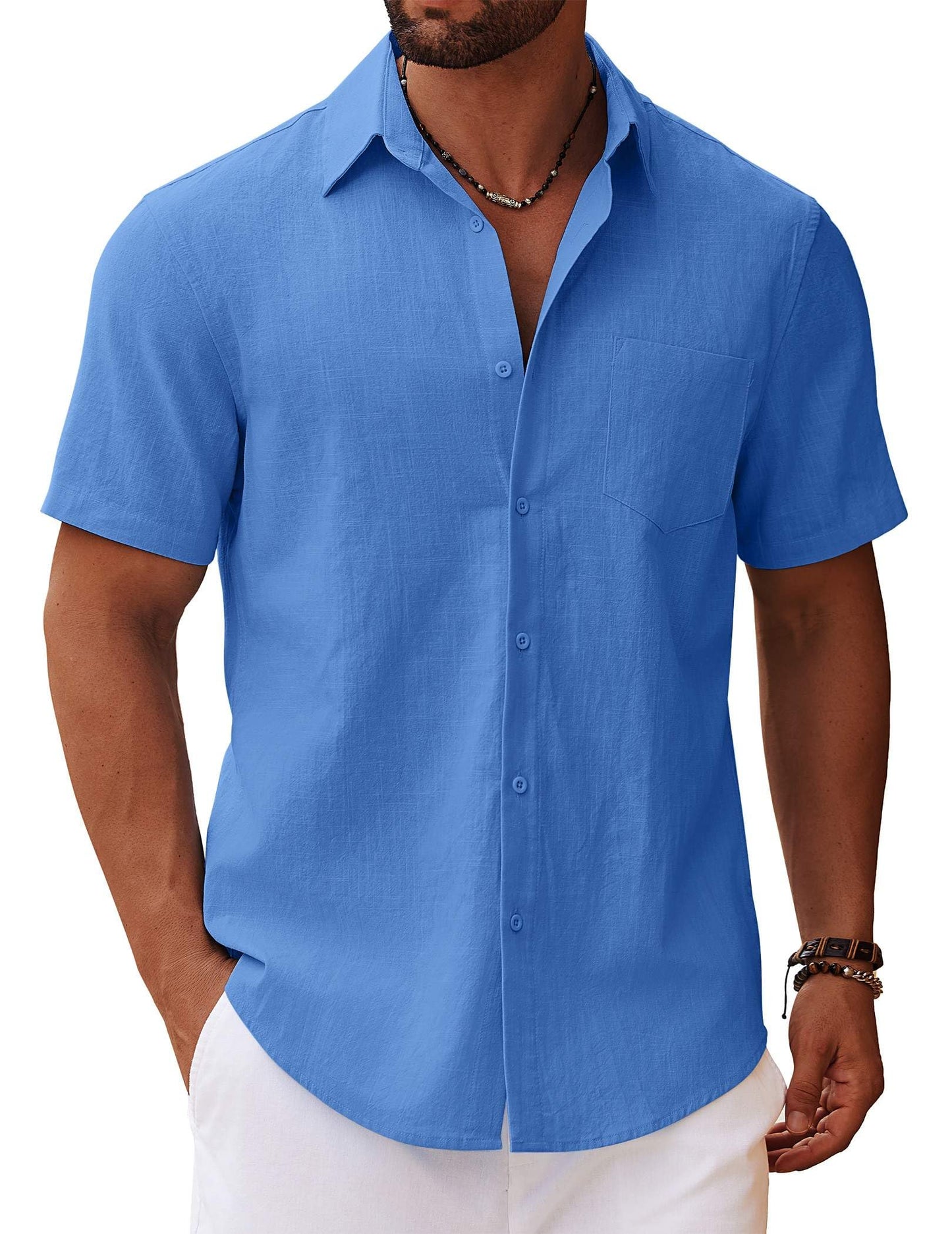 HOTCOOFANDY Men's Button Down Short Sleeve Shirt Casual Cotton Summer Beach Linen Wedding Shirts with Pocket