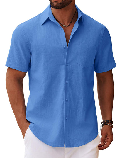 HOTCOOFANDY Men's Button Down Short Sleeve Shirt Casual Cotton Summer Beach Linen Wedding Shirts with Pocket