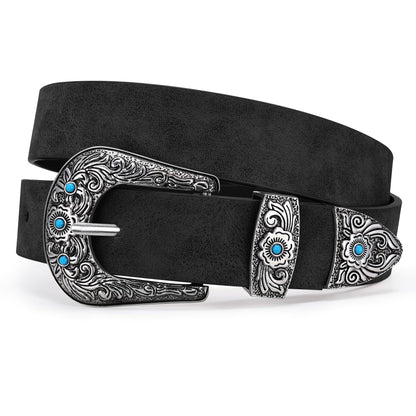 HOTXZQTIVE Western Belt for Women, Cowgirl Cowboy Suede Leather Belt for Jeans Pants, Country Belts with Vintage Buckle
