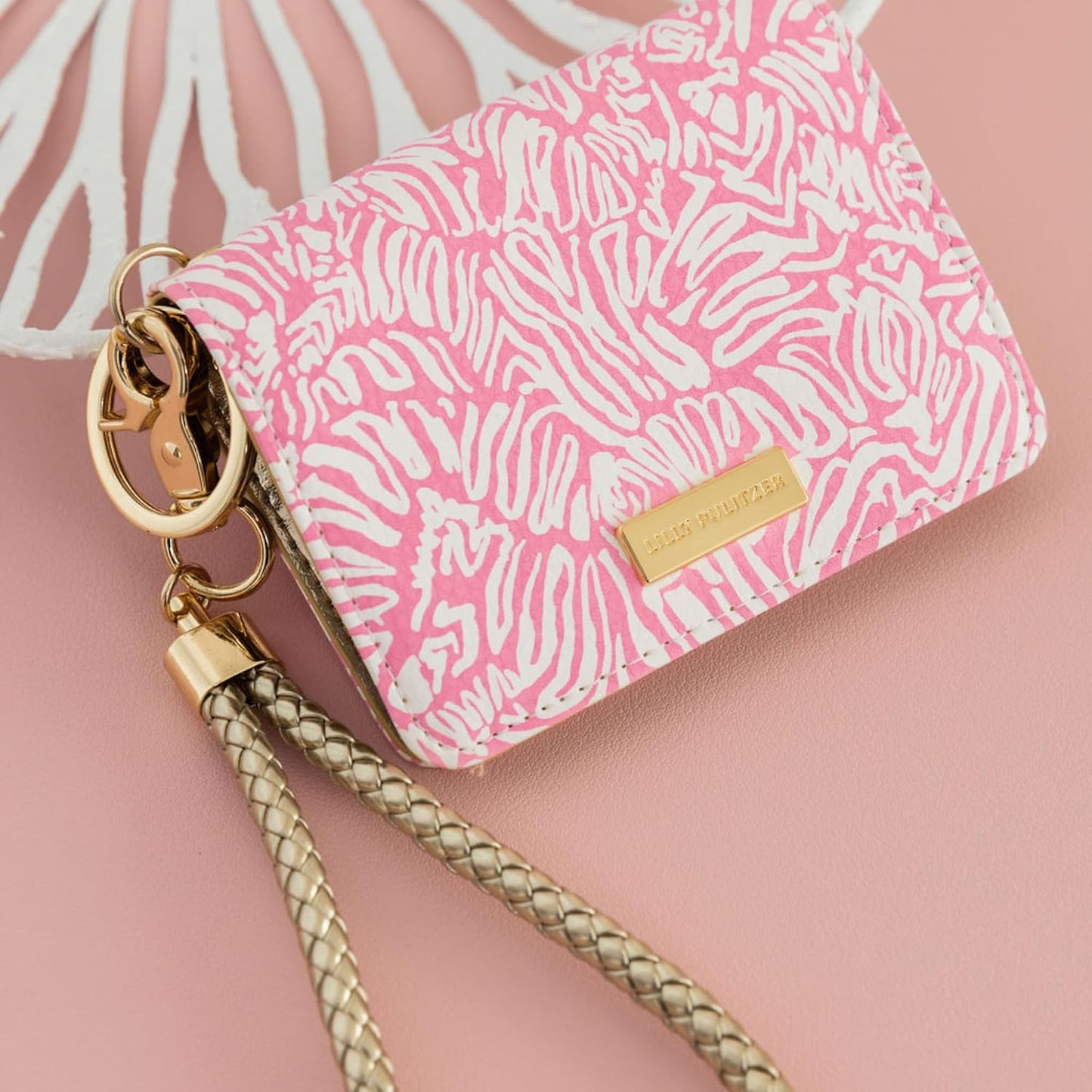 HOTLilly Pulitzer Snap ID Card Case, Cute Pink Keychain Wallet, Slim Credit Card Holder with Wristlet Strap, Conch Shell Pink Zee Bebe