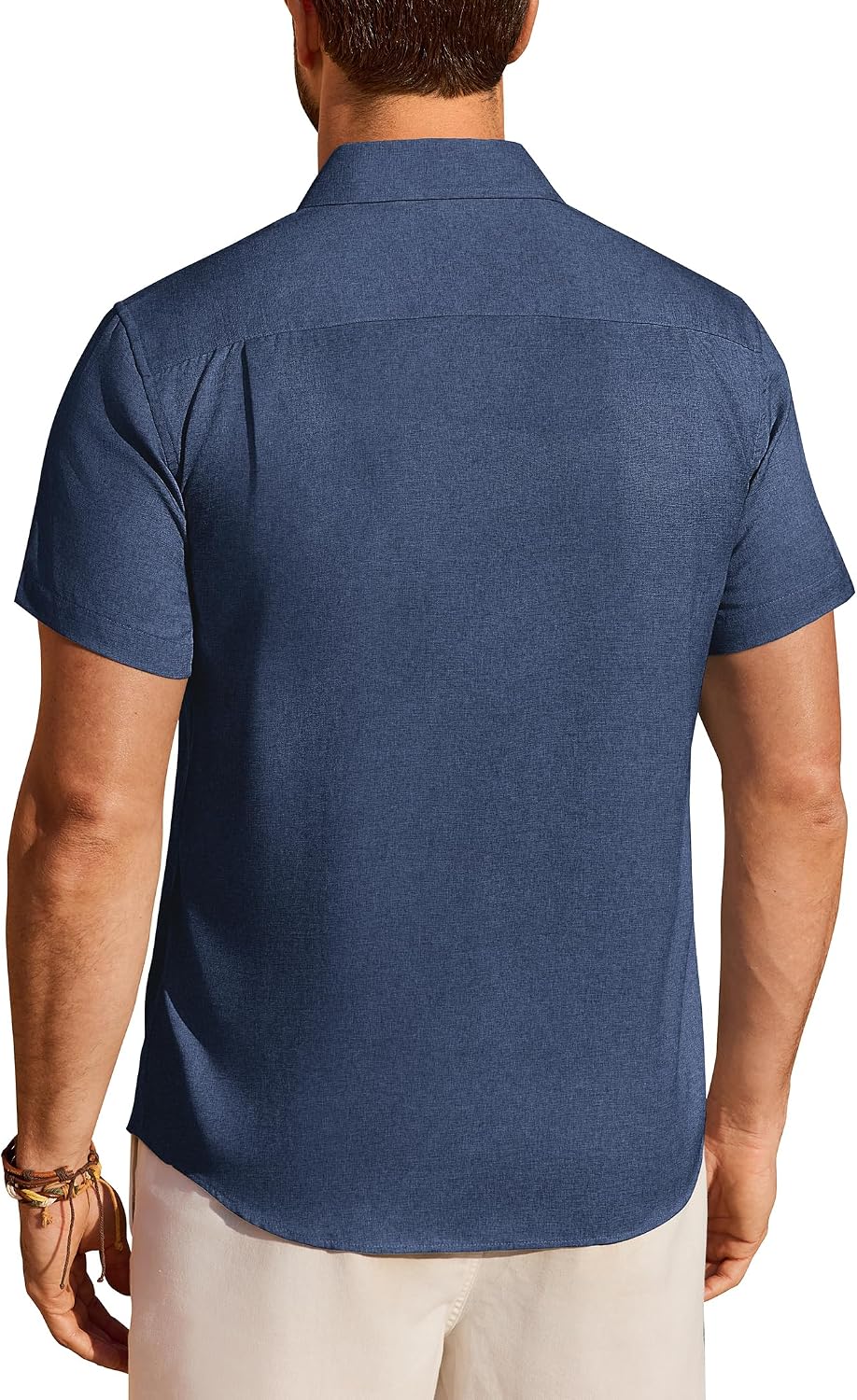 HOTMens Linen Shirt Short Sleeve Wrinkle Free Casual Untucked Button Down Shirts Beach Breathable Tops Summer