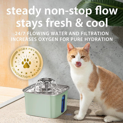 HOTVeken Innovation Award Winner Stainless Steel Cat Water Fountain, 108oz/3.2L Automatic Pet Fountain Dog Water Dispenser with Replacement Filters & Silicone Mat for Cats, Dogs (Tea Green)