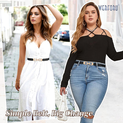 HOTWERFORU 3 Pack Women Skinny Elastic Waist Belt Gold Buckle Stretchy Thin Belt for Jeans Dress