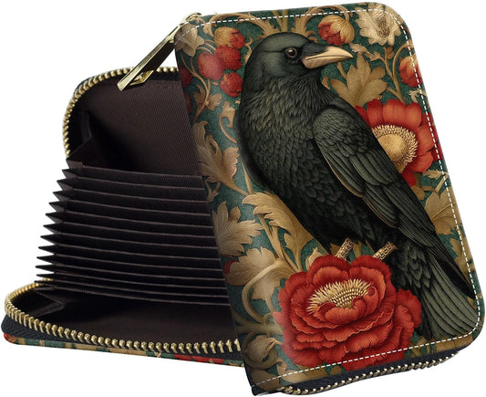 HOTSlim Zipper Card Wallet for Women — RFID Blocking Mini Wallet, PU Leather Small Credit Card Holder & Coin Pocket, Travel-Friendly Card Organizer, Crow & Rose