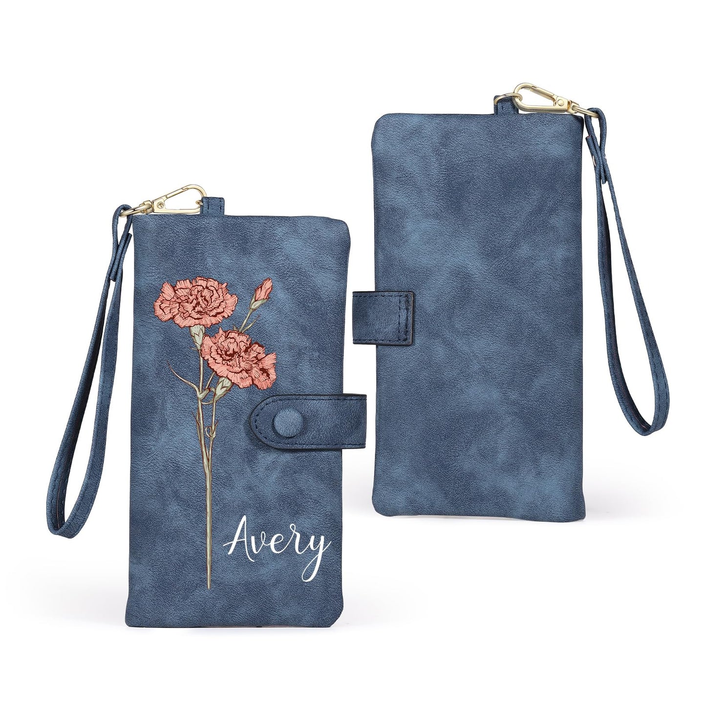 HOTPersonalized Wallet for Women, Custom Birth Flower & Name Detachable Leather Wristlet, Stylish Card Holder Purse with Zipper Large Capacity Wallet Mother's Day Gifts for Mom (Purple)