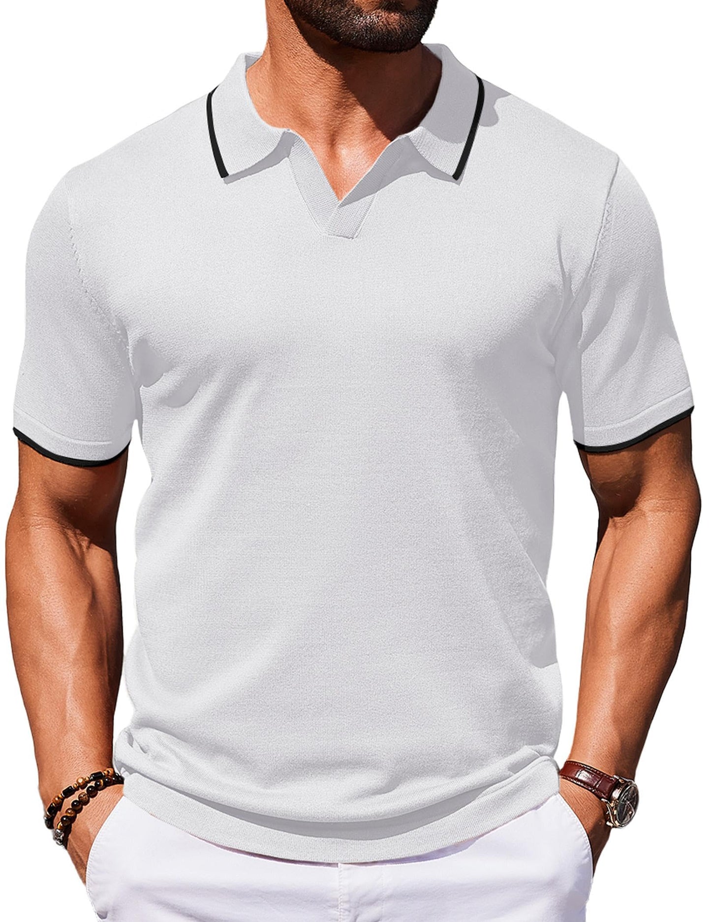 HOTCOOFANDY Mens Polo Shirts Short Sleeve Casual Knit Polo Shirt Vintage Golf T Shirts Old Money Tops