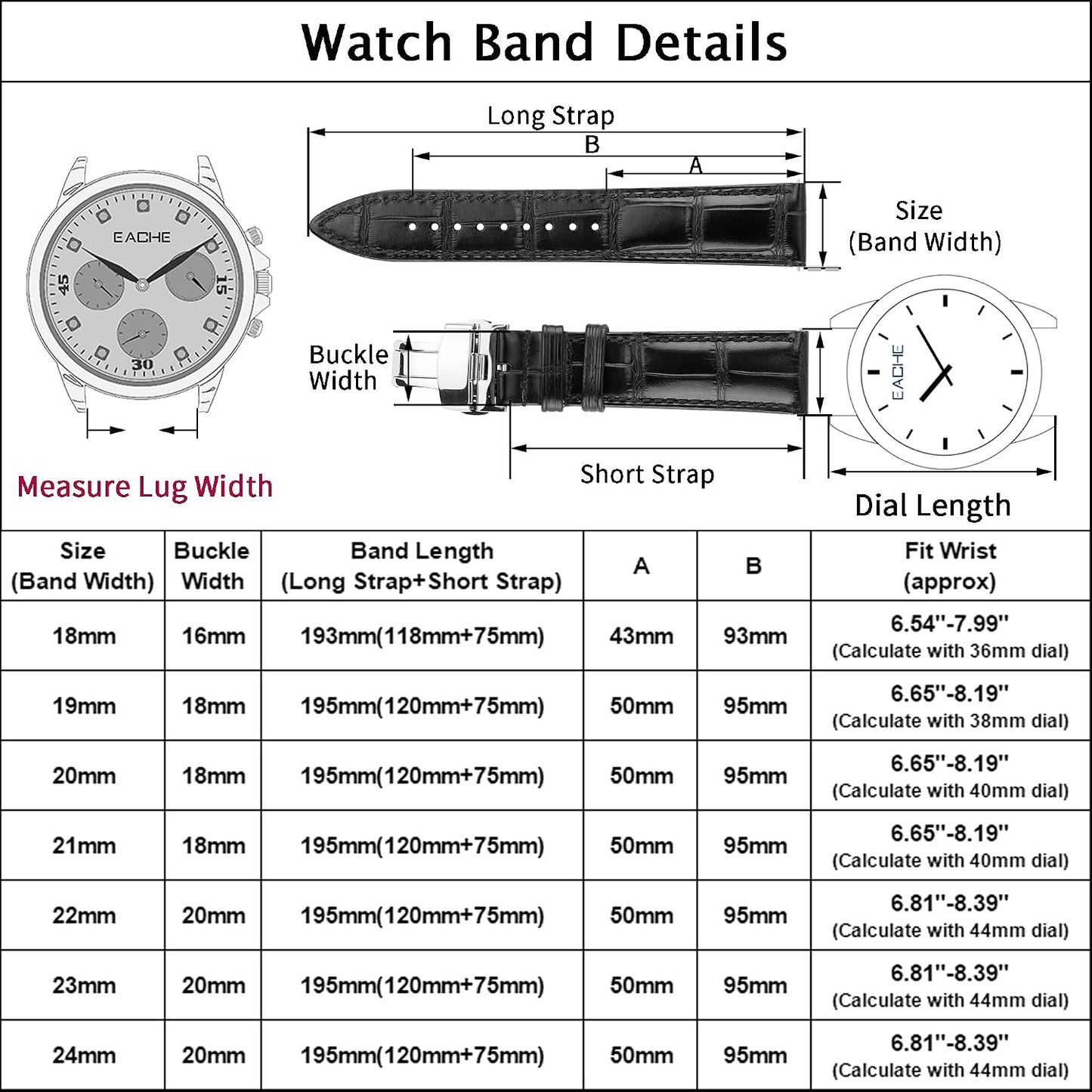 HOTEACHE Croco Design Leather Watch Bands for Men Women,Quick Release Strap with Butterfly Deployment Buckle 18mm 19mm 20mm 21mm 22mm 23mm 24mm