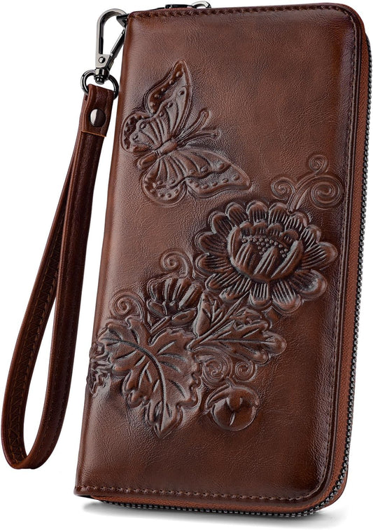 HOTWomens Wallet Rfid Embossed Vegan Leather Multi Card Slots Wallets Large Capacity Wristlet Travel Purse for Women