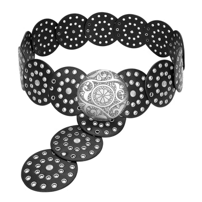 HOTJASGOOD Western Belts for Women Wide Hollow Disc Leather Belt Cowgirl Waist Belt for Jeans Dresses with Metal Buckle
