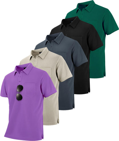 HOTZITY 5 Pack Polo Shirts for Men with Pocket Dry Quickly Short Sleeve Athletic Outdoor Work Collared Shirts