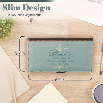 HOTCheckbook Cover for Women “Blessed Is She” Christian Blue Wallet, Faux Leather Christian Checkbook Cover for Duplicate Checks & Cards – Luke 1:45
