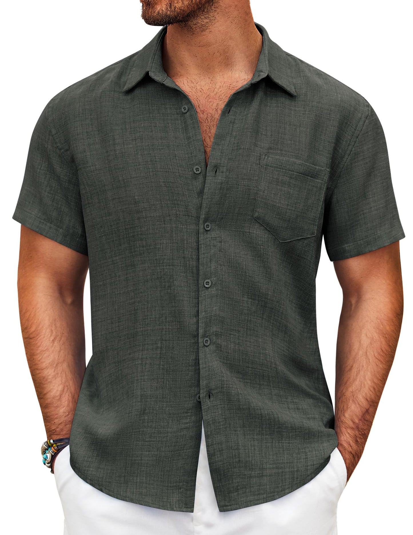 HOTCOOFANDY Mens Button Down Short Sleeve Shirt Casual Shirts Summer Beach Textured Shirts with Pocket