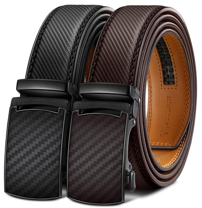 HOTBULLIANT Men's Ratchet Leather Belt Trimmable 2Pack 1 3/8"-Gift Boxed | Smooth Sliding | Precise Fit | Tailored Size | Holeless for Dress or Casual
