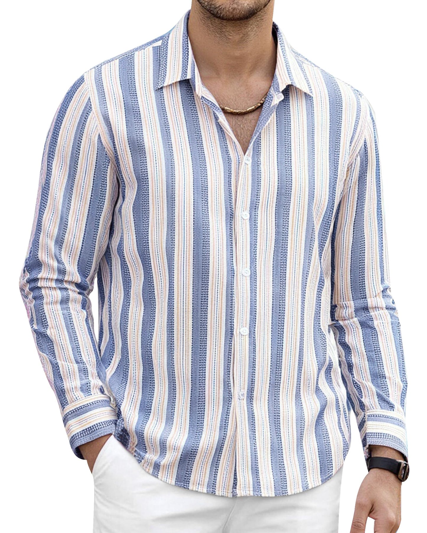 HOTAlex Vando Mens Linen Shirts Long Sleeve Button Down Striped Beach Shirt | Breathable Skin-Friendly Anti-Shrink Fabric, Classic Stripes For Casual Style, All-Day Comfort, Easy Care