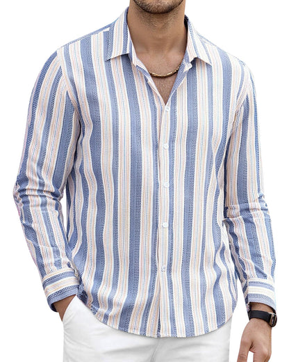 HOTAlex Vando Mens Linen Shirts Long Sleeve Button Down Striped Beach Shirt | Breathable Skin-Friendly Anti-Shrink Fabric, Classic Stripes For Casual Style, All-Day Comfort, Easy Care