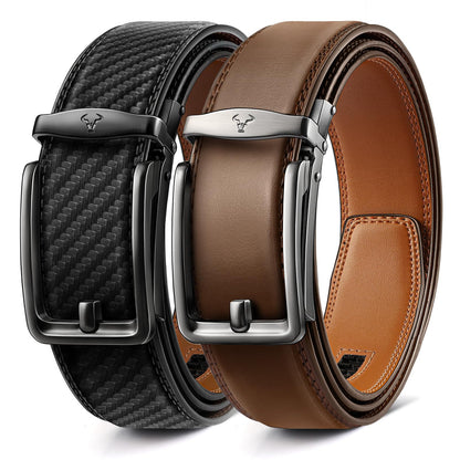 HOTBULLIANT Men Ratchet Belt 2 Pack, Click Sliding Leather Belt Adjustable for Gift Men Dress Casual Jeans 1 3/8,Cut for Fit