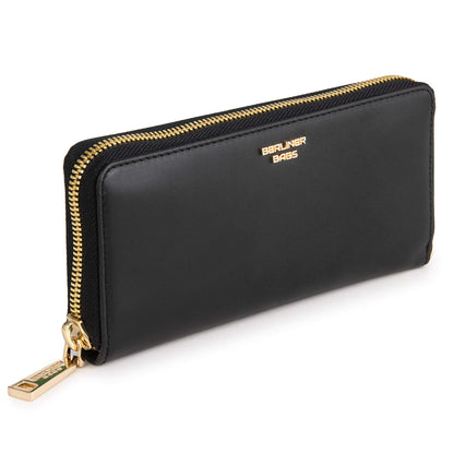 HOTBERLINER BAGS Genuine Leather Zip Wallet Women Lyon, Gift Box – Black | Soft Leather Zip Around Wallet, Fits up to Phone 6.9", 15 Card Slots, 1 ID Window, 3 Bill Slots, 1 Coin Pocket, RFID Blocking