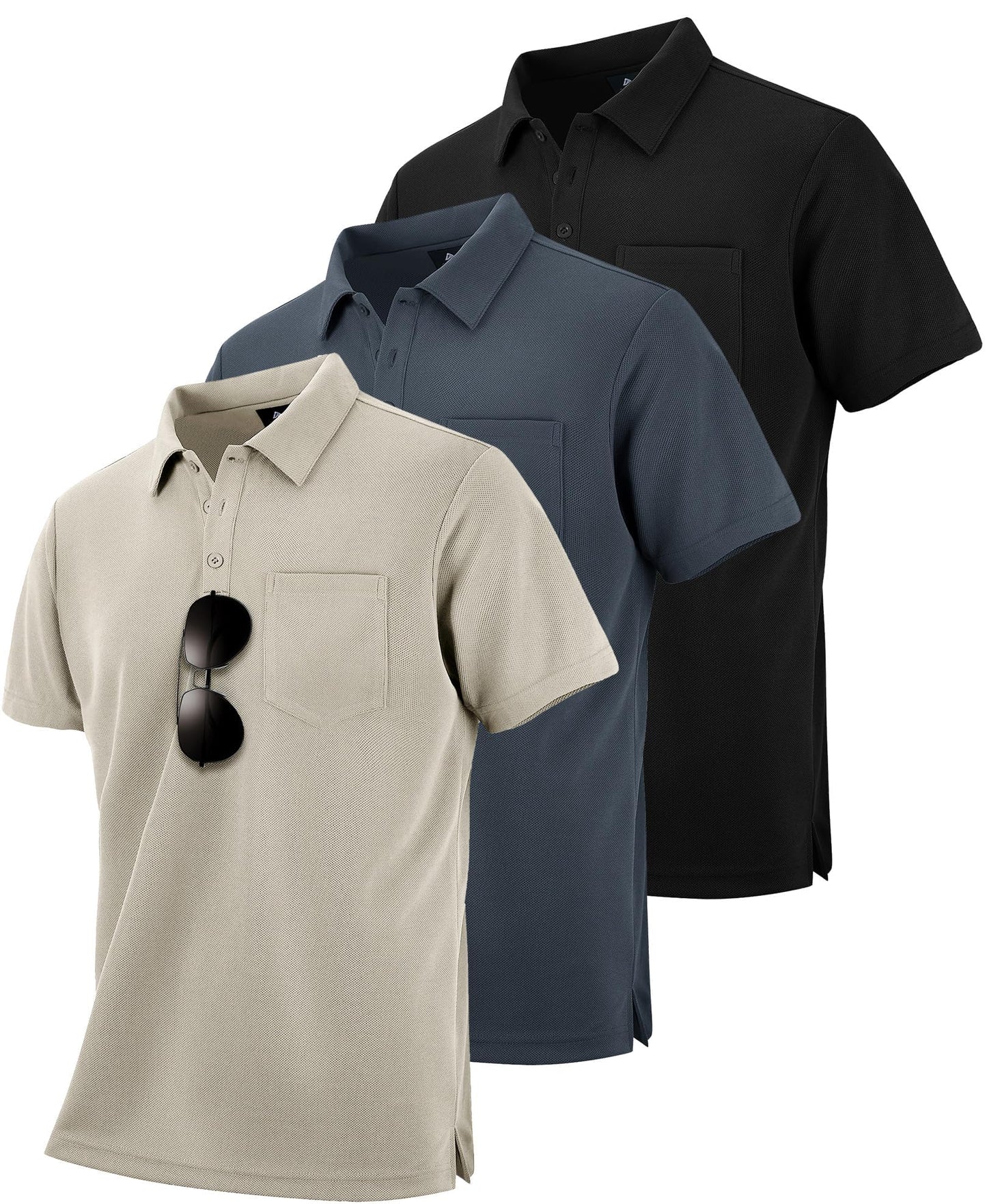 HOTZITY Men's 3 Pack Polo Shirts Short Sleeve with Pocket Moisture Wicking Casual Work Golf Lightweight Collared T-Shirts