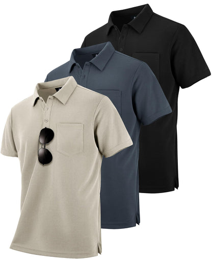 HOTZITY Men's 3 Pack Polo Shirts Short Sleeve with Pocket Moisture Wicking Casual Work Golf Lightweight Collared T-Shirts