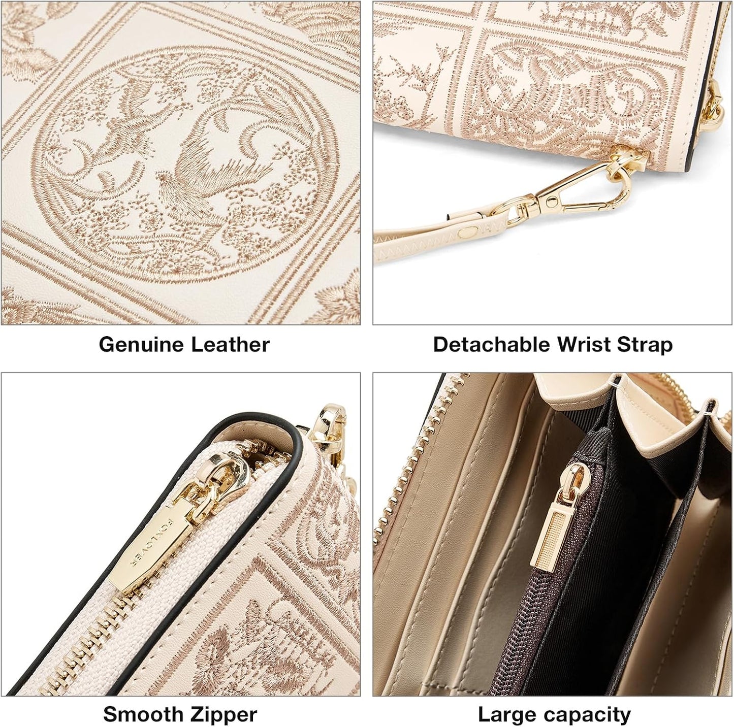 HOTFOXLOVER Wallets for Women RFID Blocking Embroidery Leather Women's Wallet Zip Wristlet Clutch(Apricot)