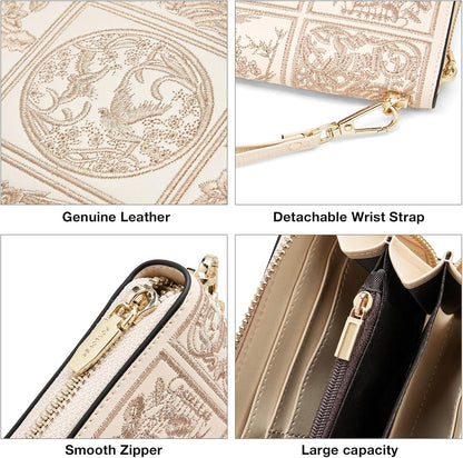 HOTFOXLOVER Wallets for Women RFID Blocking Embroidery Leather Women's Wallet Zip Wristlet Clutch(Apricot)