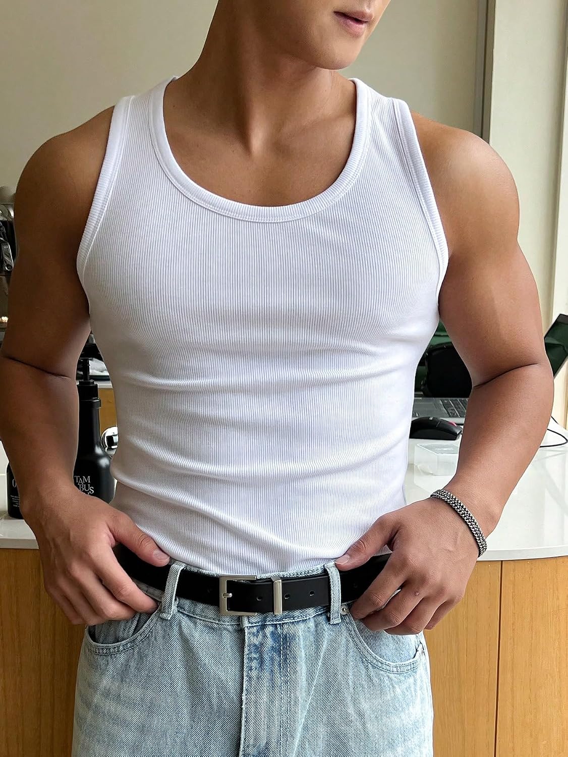 HOTCOZYEASE Men's Summer Sleeveless Tank Top Workout Gym Muscle Tank T Shirt | Workout Gym Casual Wear, Summer Basic Undershirt, Ribbed Knit Fabric, White Tank Top for Men