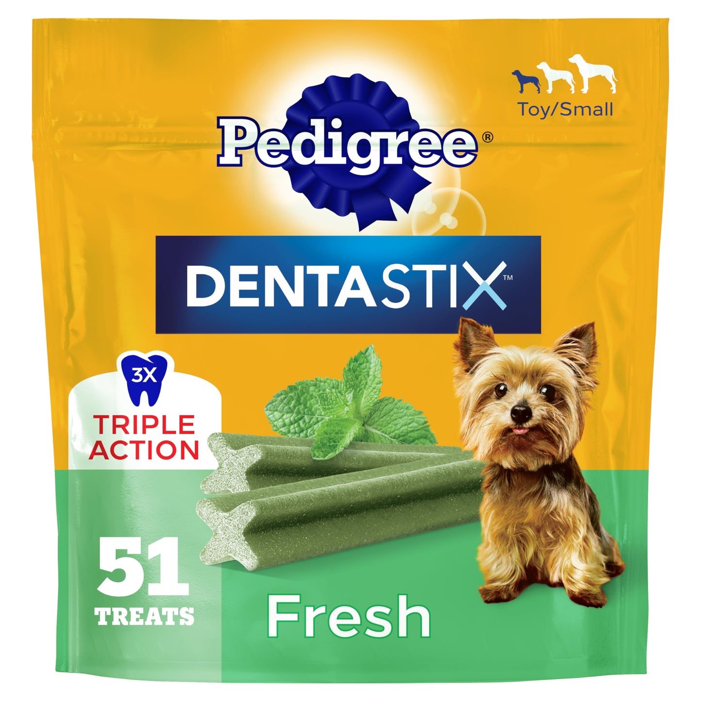 HOTPedigree Dentastix Small & Toy Breed Dog Dental Treats, Fresh, 102 Count | Triple action dental care, reduces tartar, cleans teeth, freshens breath, for dogs 7-22 lbs, no added sugar/fillers