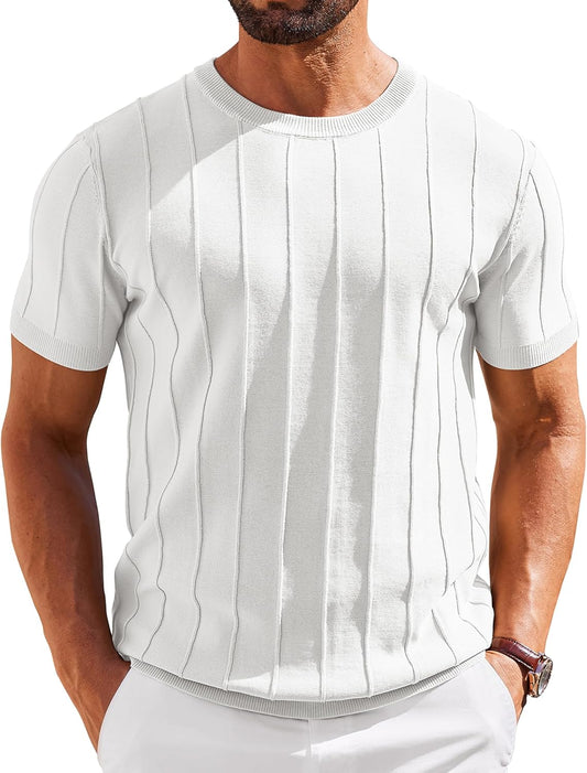 HOTCOOFANDY Men's T- Shirts Short Sleeve Knit Sweater Shirt Casual Crewneck Ribbed Pullover Tees