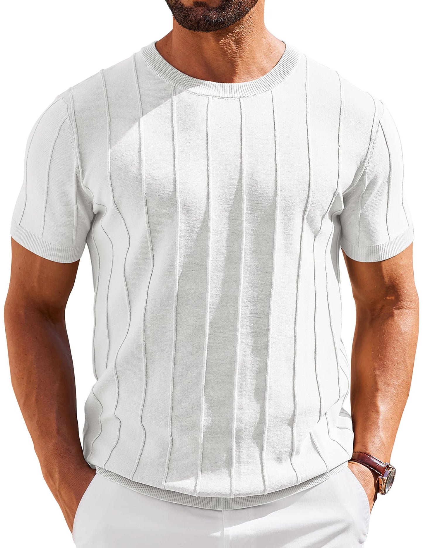 HOTCOOFANDY Men's T- Shirts Short Sleeve Knit Sweater Shirt Casual Crewneck Ribbed Pullover Tees