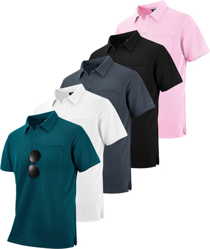 HOTSCODI 5 Pack Mens Pocket Polo Shirts Short Sleeve Multipack Golf Shirt for Men Moisture Wicking Casual Athletic Work T-Shirts