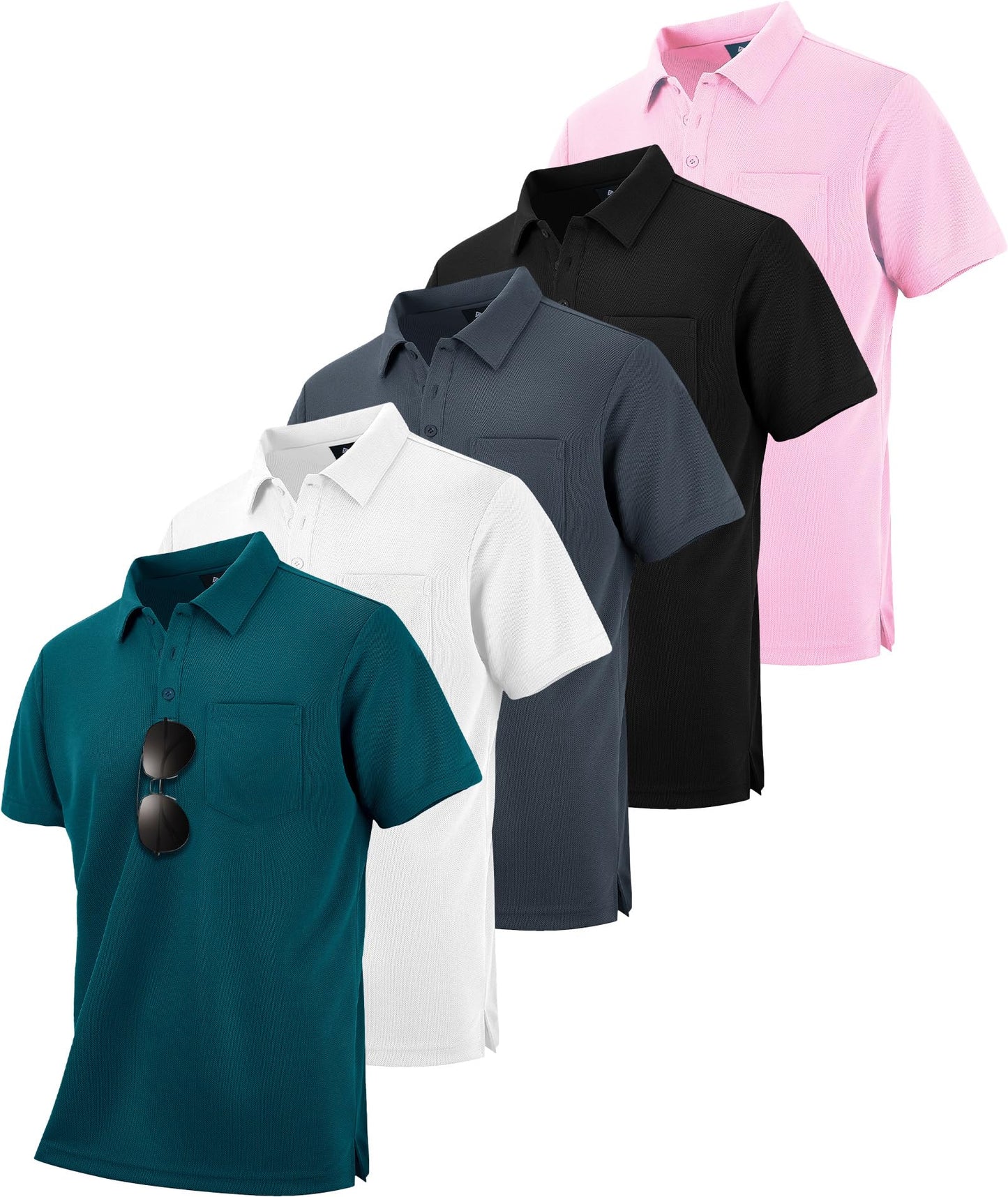 HOTSCODI 5 Pack Mens Pocket Polo Shirts Short Sleeve Multipack Golf Shirt for Men Moisture Wicking Casual Athletic Work T-Shirts