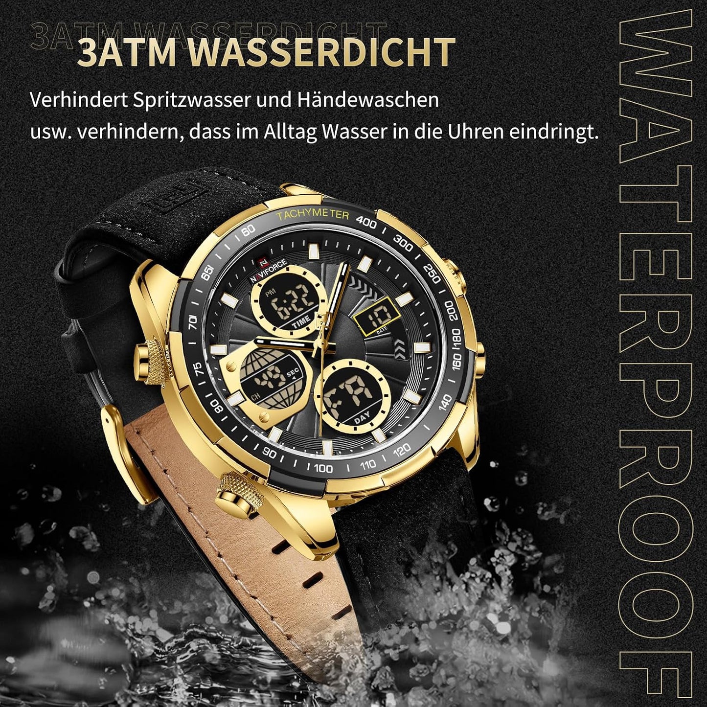 HOTNAVIFORCE Men's Military Digital Watches Analog Quartz Waterproof Watch Sport Multifunctional Leather Wristwatch