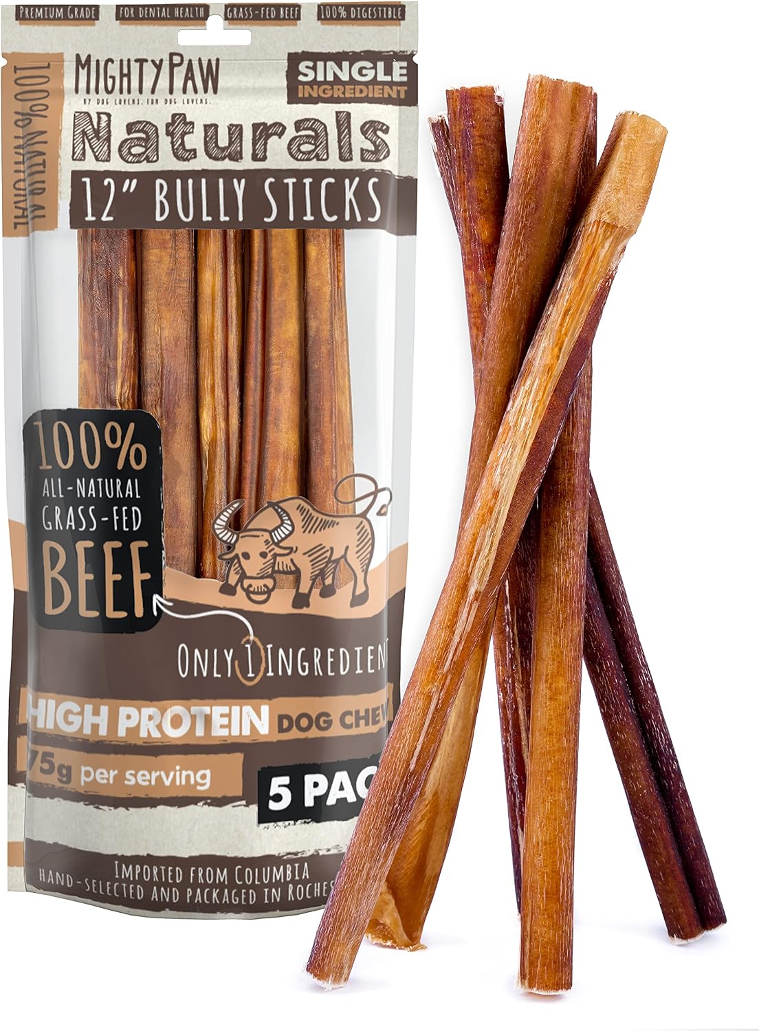 HOTMighty Paw Long Lasting 12" Bully Sticks for Dogs - All Natural Grass Fed Beef Chews. Lower Odor Dog Bully Sticks for Large Dogs, Medium and Small Breeds. Single Ingredient Treats