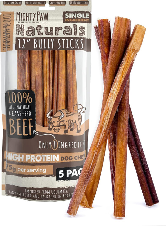 HOTMighty Paw Long Lasting 12" Bully Sticks for Dogs - All Natural Grass Fed Beef Chews. Lower Odor Dog Bully Sticks for Large Dogs, Medium and Small Breeds. Single Ingredient Treats