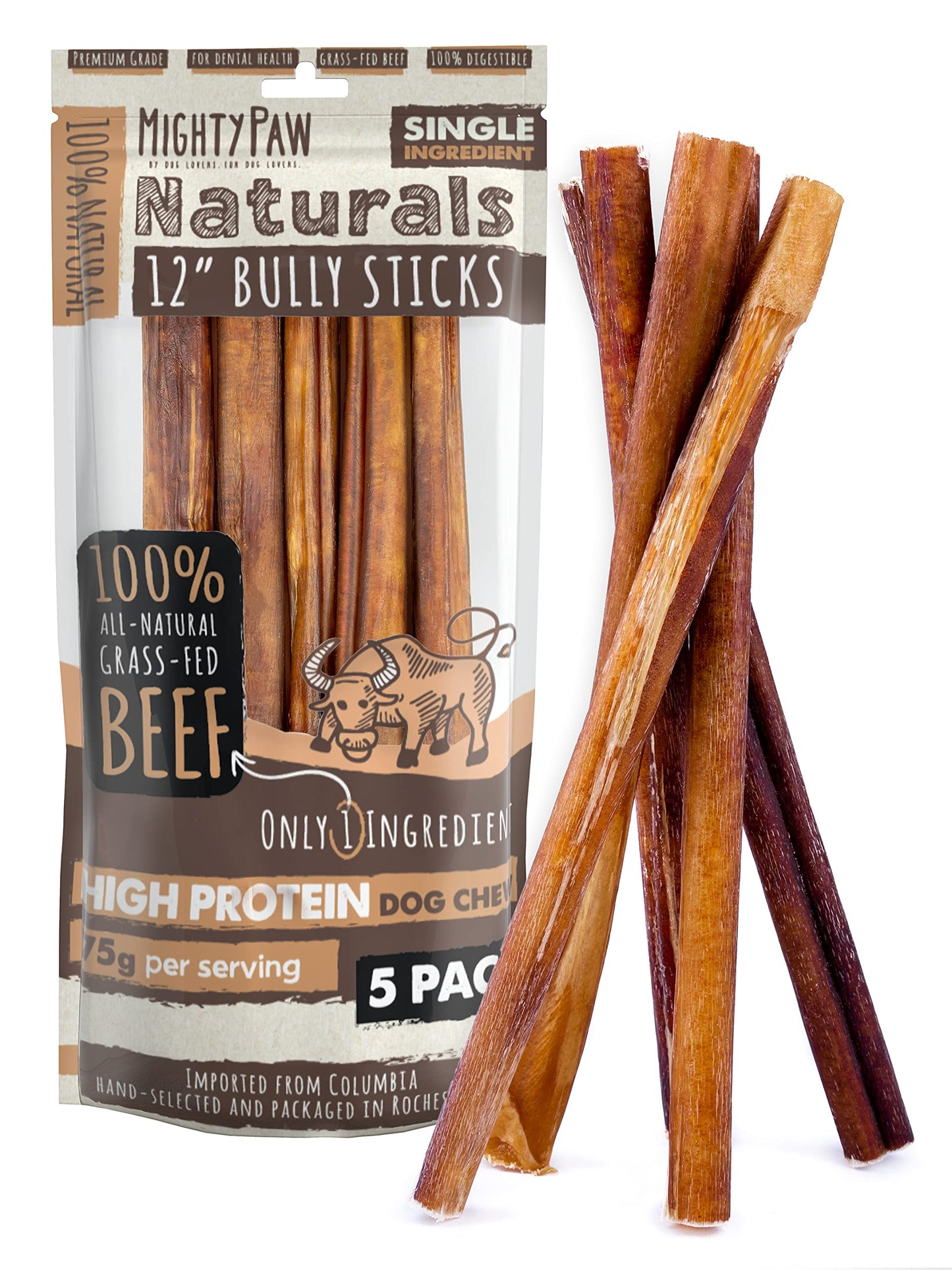 HOTMighty Paw Long Lasting 12" Bully Sticks for Dogs - All Natural Grass Fed Beef Chews. Lower Odor Dog Bully Sticks for Large Dogs, Medium and Small Breeds. Single Ingredient Treats