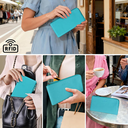 HOTVISOUL Long Zipper Cash Wallet for Women with Removable Credit Card Holder Soft Genuine Pebbled Leather Contrast Color-Lake Blue and Pearl