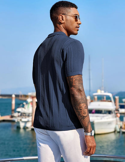 HOTCOOFANDY Men's Knit Shirts Short Sleeve Button Down Polo Shirt Fashion Casual Summer Beach Shirts