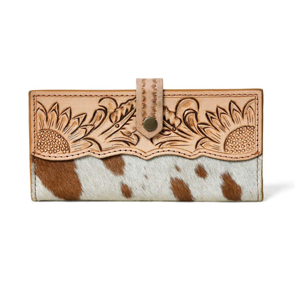 HOTMerbaa Cowhide Leather Wallet for Women | Handmade Floral Tooled Long Clutch with Snap Closure | Western Style Purse | Rustic Cowgirl Bag