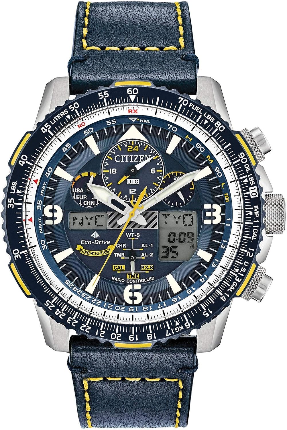 HOTCitizen Men's Eco-Drive Promaster Air Skyhawk Atomic Time Keeping Pilot Watch in Stainless Steel with Blue Leather Strap, Blue Dial (Model: JY8078-01L)