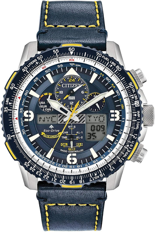 HOTCitizen Men's Eco-Drive Promaster Air Skyhawk Atomic Time Keeping Pilot Watch in Stainless Steel with Blue Leather Strap, Blue Dial (Model: JY8078-01L)