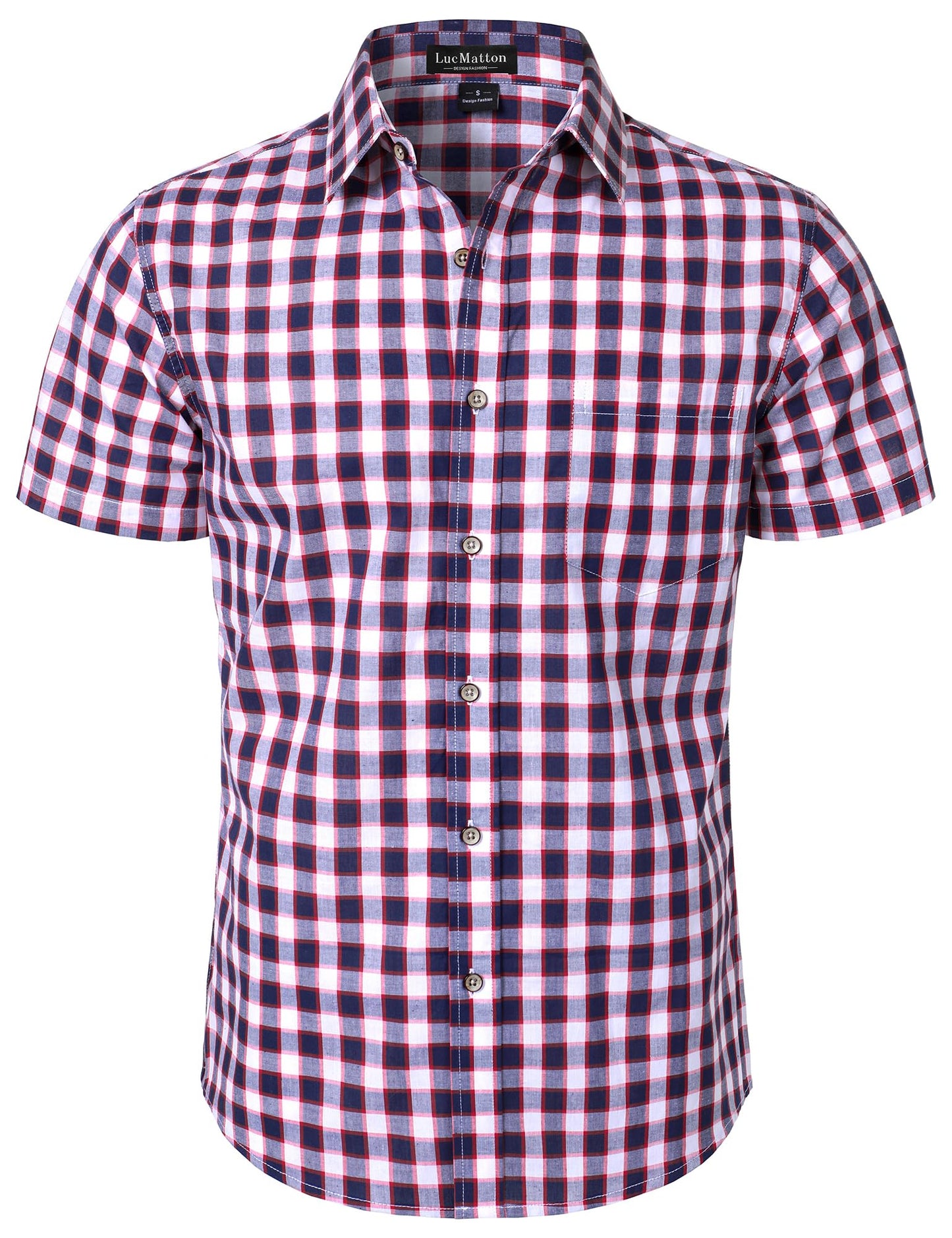 HOTLucMatton Men's Gingham Short Sleeve Button Down Shirt Cotton Regular Fit Plaid Dress Shirts with Pocket