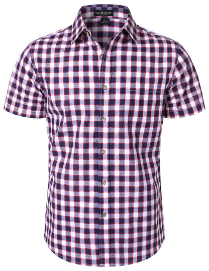 HOTLucMatton Men's Gingham Short Sleeve Button Down Shirt Cotton Regular Fit Plaid Dress Shirts with Pocket