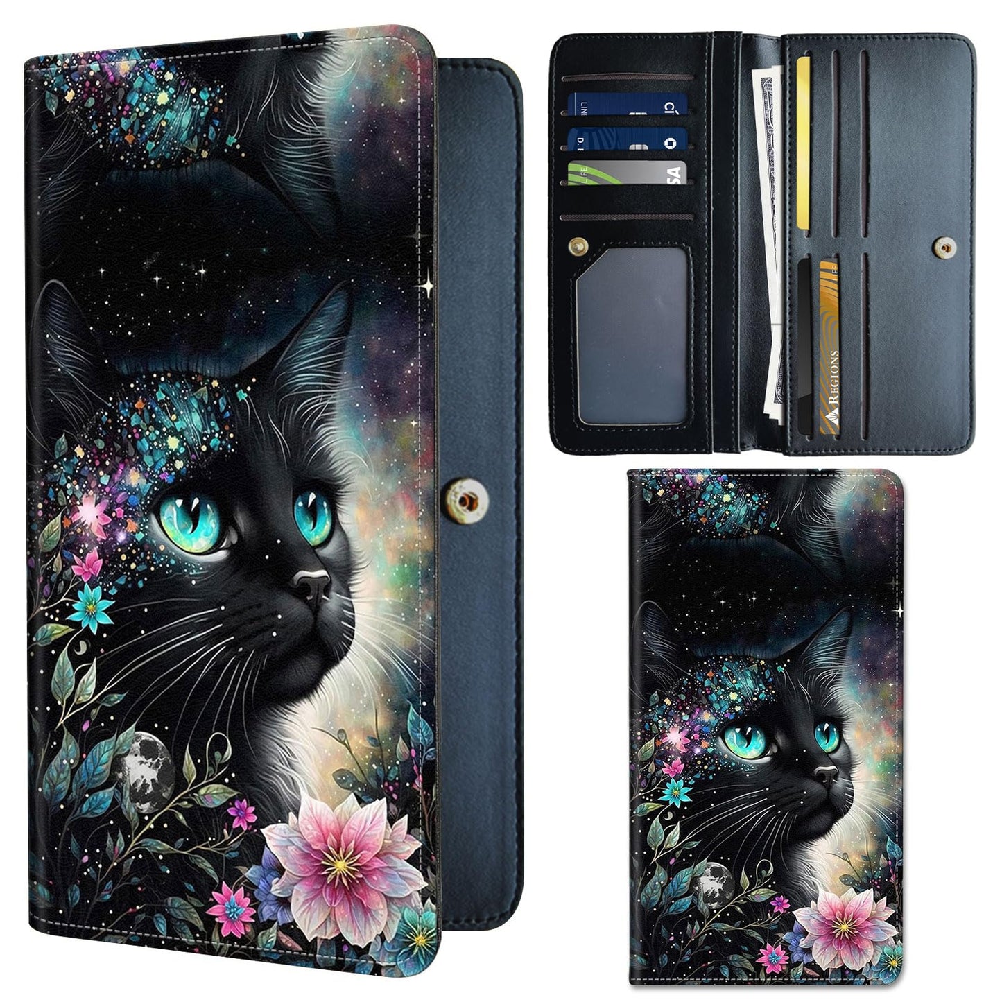 HOTSlim PU Leather Wallet for Women - RFID Blocking Thin Bifold Wallet, Compact Travel Wallet with Card Slots & ID Window, Stylish and Practical Womens Wallet for Everyday Use, Black Cat