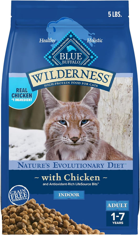 HOTBlue Buffalo Wilderness Chicken Natural High-Protein Grain-Free Dry Food for Adult Indoor Cats, Real Chicken First, Antioxidant-Rich LifeSource Bits Support Immunity, Promotes Strong Muscles, 5 lbs.