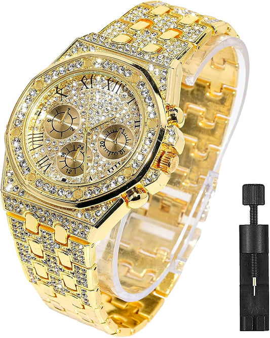 HOTApzzic Diamond Iced Out Watch CZ Gold Plated 40mm Width Roman Numerals Dial Quartz Wristband Watch for Men Women